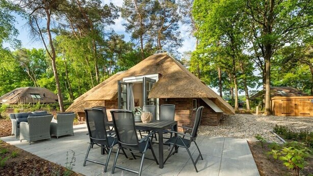 A thatched-roof hut with a dining area, including chairs and a table, surrounded by trees. - Sprielderbosch 17 Luxury holiday home Veluwe, located in the woods (Putten)