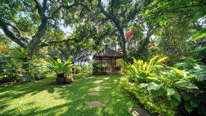 Un jardín con un pabellón, abundante vegetación y un sendero despejado.