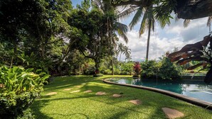 Un jardín exuberante con piscina, rodeado de plantas tropicales y palmeras.