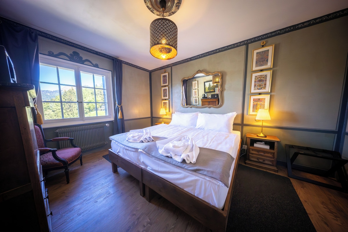 A hotel room with a large bed, a chair, a window with a view, a mirror, and wall-mounted artwork.