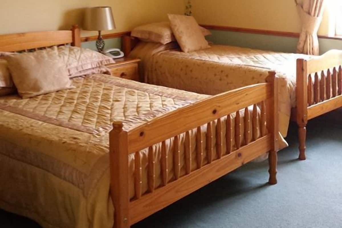 A room with two wooden beds, a nightstand with a lamp, a framed picture on the wall, and a window with curtains.