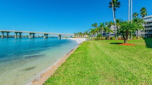 A beachfront hotel with a clear view of the ocean, a bridge, and palm trees.