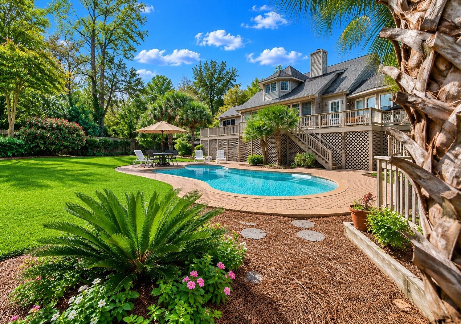 A residential property with a swimming pool, a covered patio, and a well-maintained lawn.