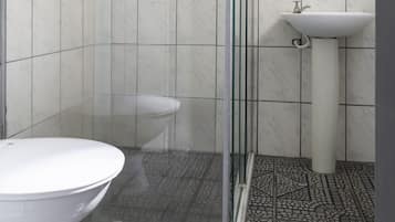 A bathroom with a glass-enclosed shower, a toilet, and a sink.