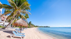 A beach with palm trees, a thatched-roof hut, and lounge chairs along the shoreline.