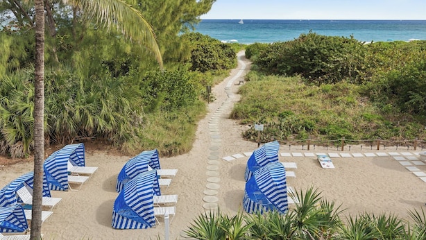 A beach path leading to beach chairs with umbrellas, surrounded by greenery and overlooking the ocean.