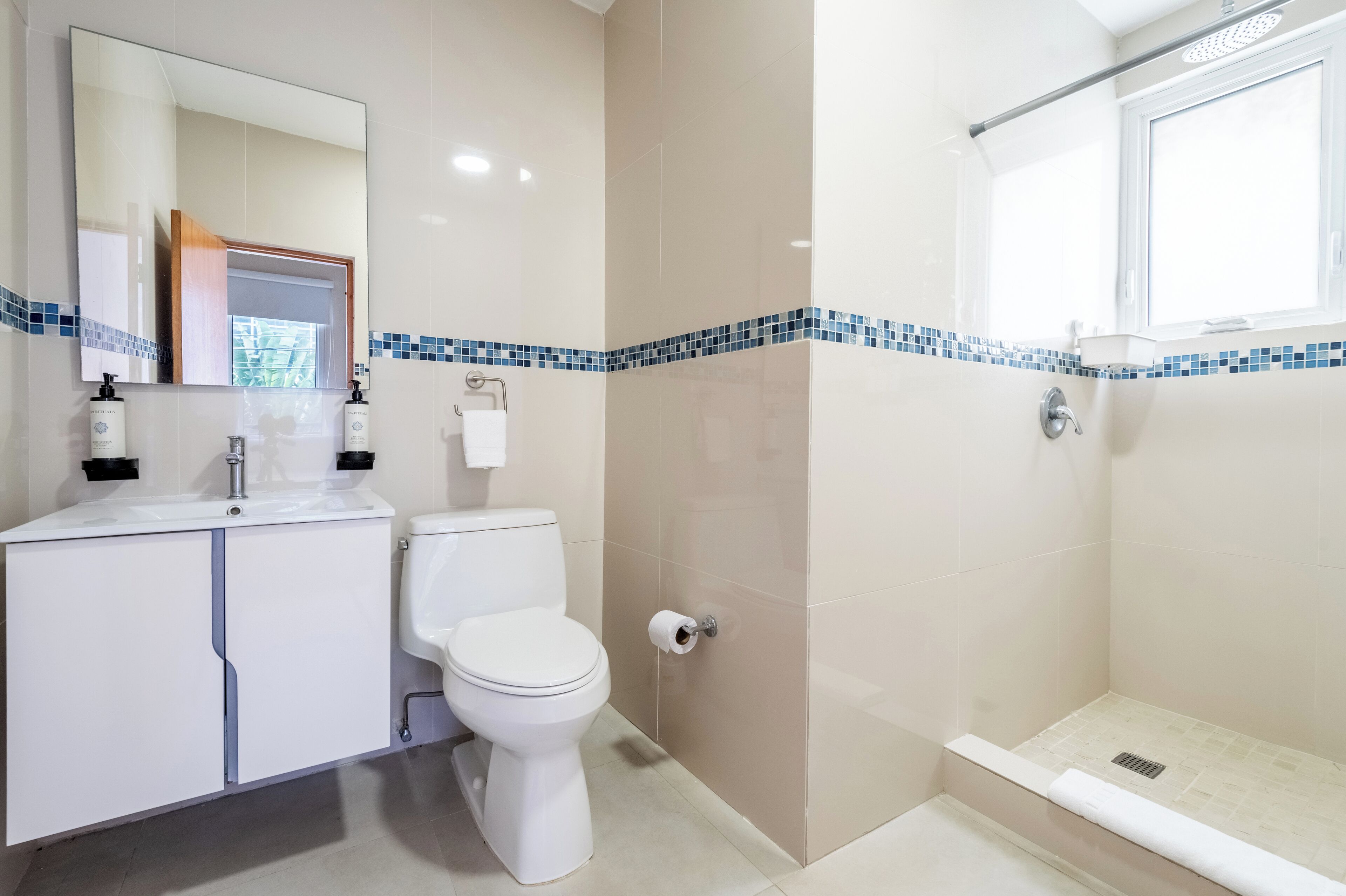 Une salle de bain avec des toilettes, un lavabo et une douche.