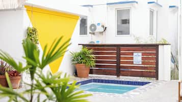 Outdoor pool, pool umbrellas, pool loungers