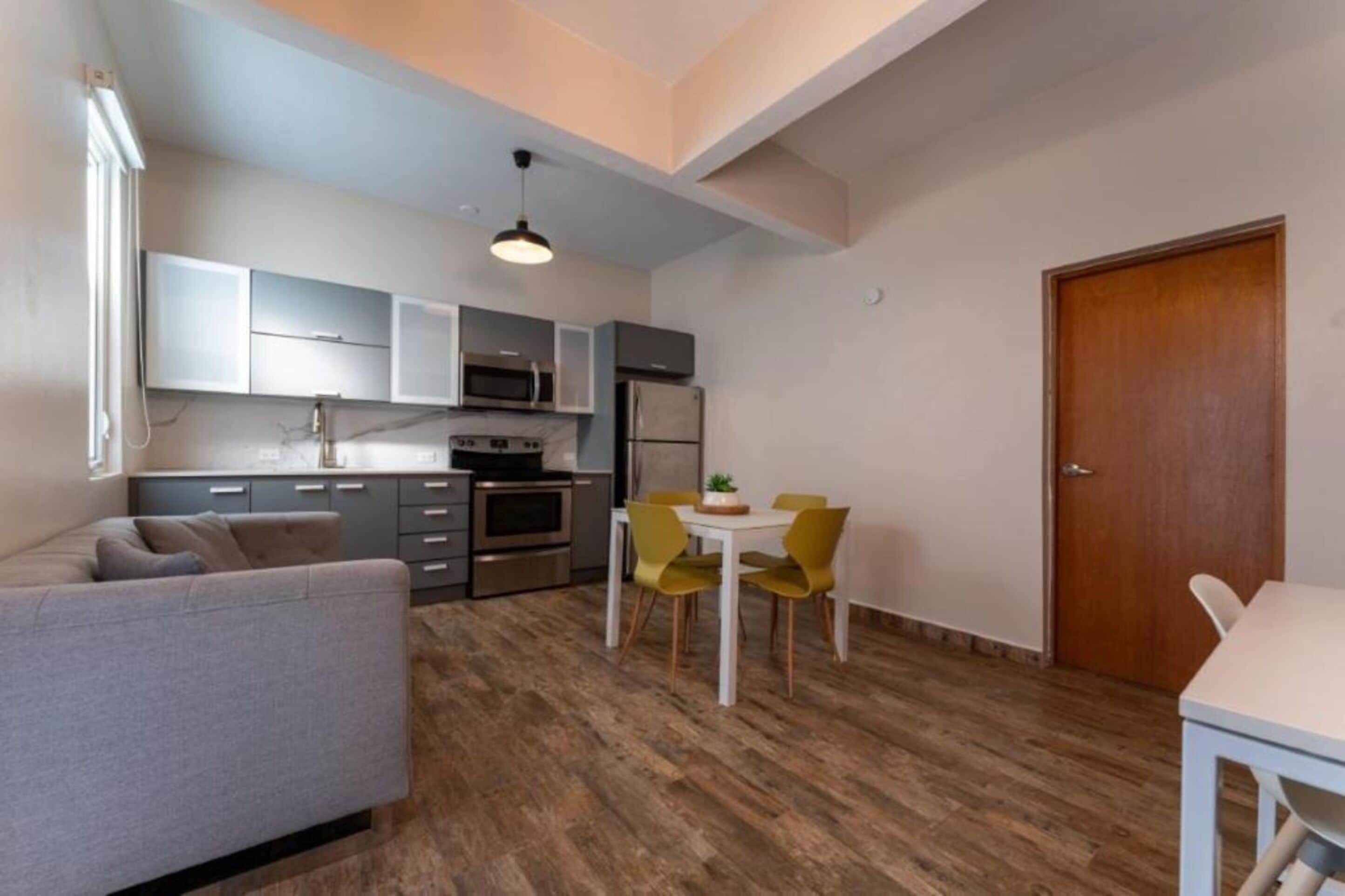 A compact living space with a kitchenette, a dining area, and a sofa.