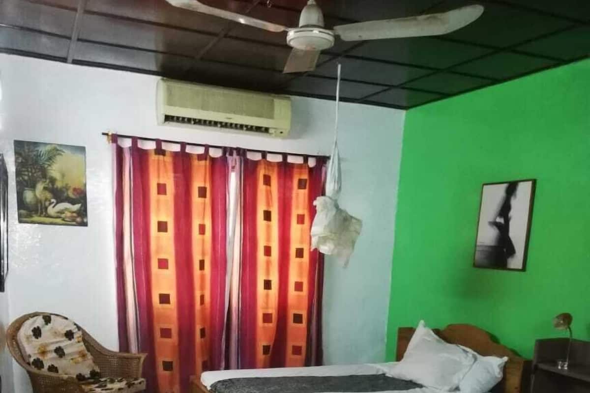 A bedroom with a bed, a chair, a green wall, a ceiling fan, and an air conditioning unit.