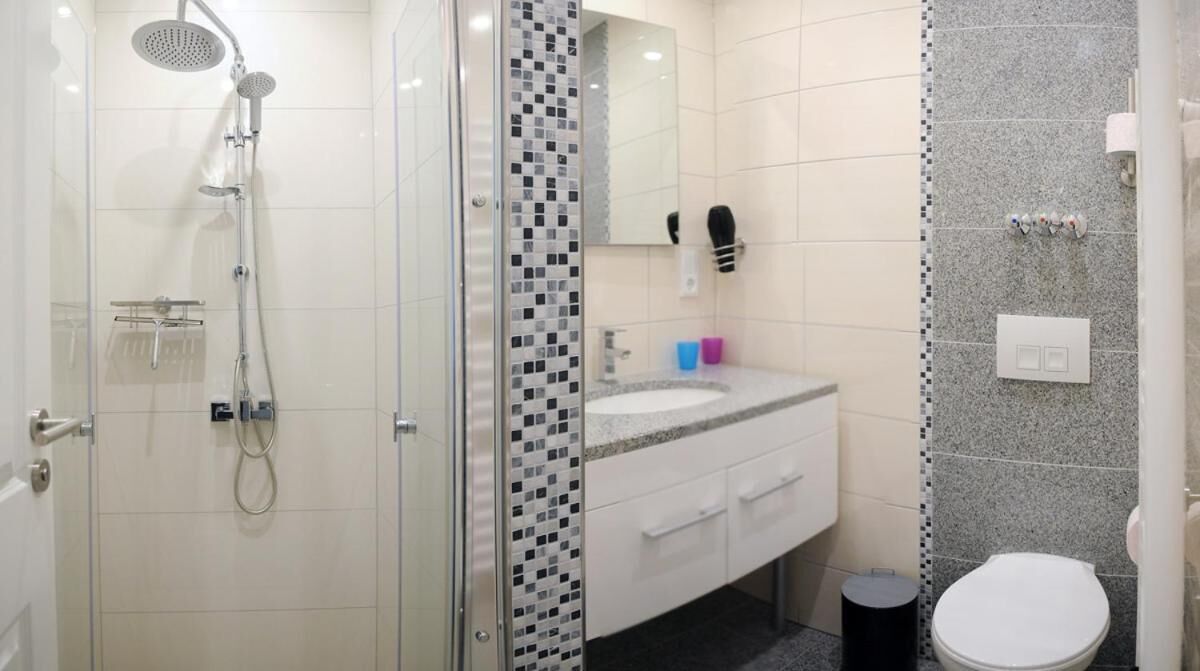 Et moderne badeværelse med bruser, toilet og vaskebord.