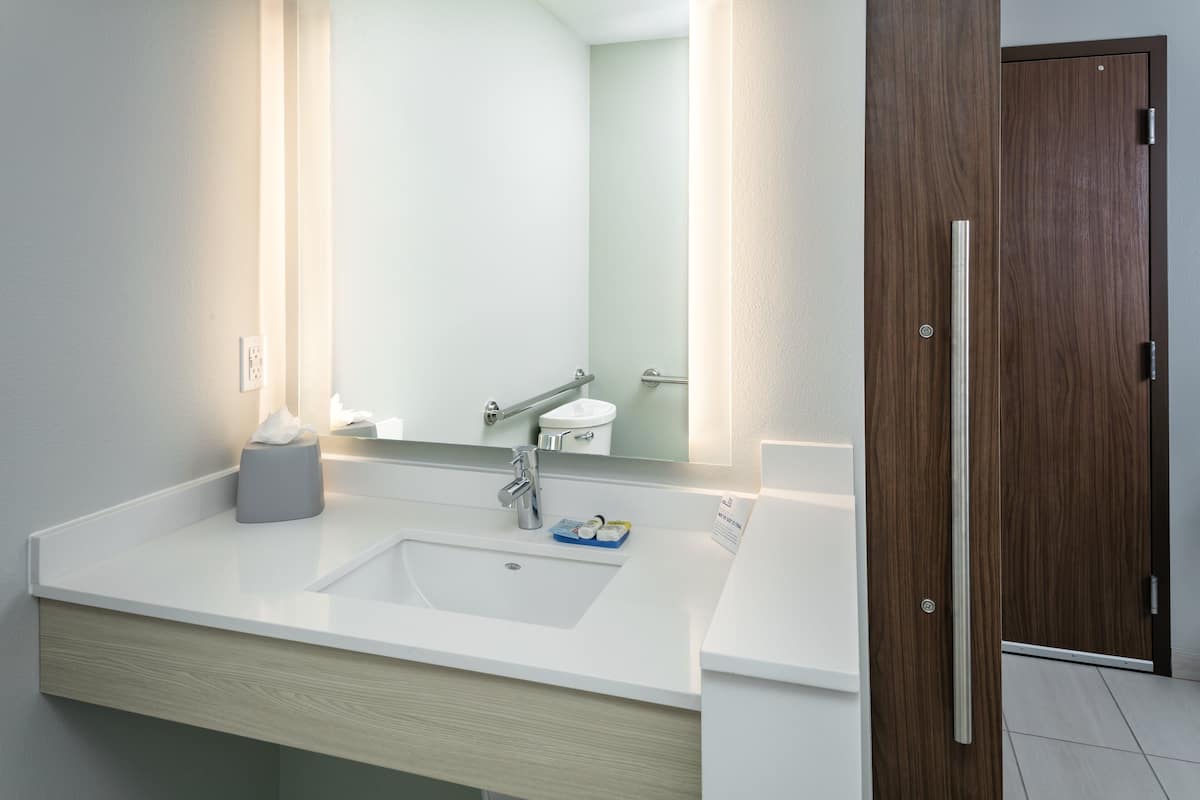 hair dryer, towels, soap, shampoo