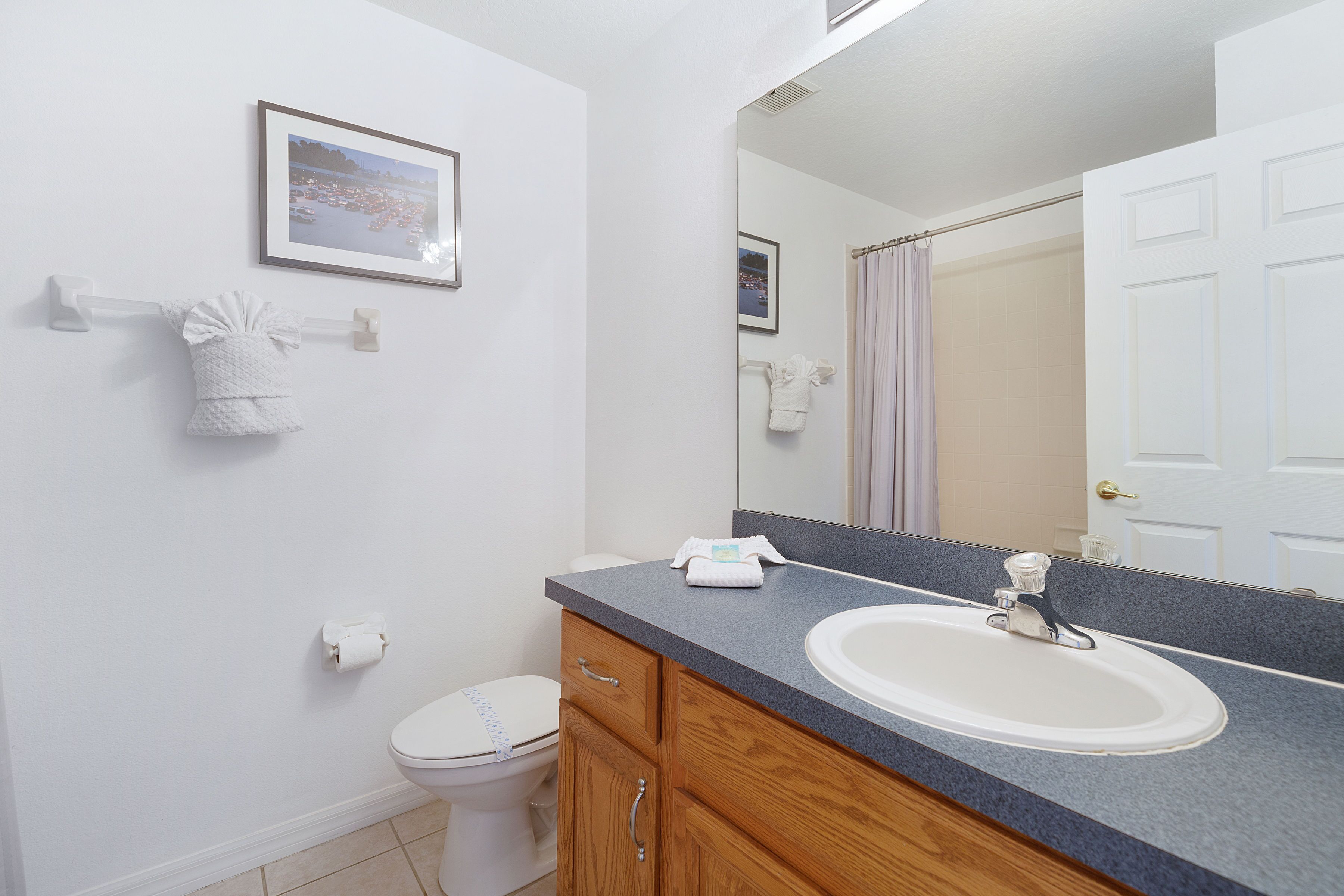 Ein Badezimmer mit einer weißen Toilette, einem Waschbecken mit Spiegel, Holzschränken und einem gerahmten Bild an der Wand.