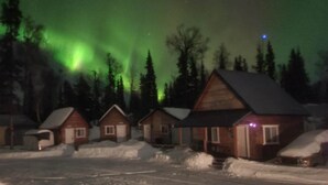 Een rij keetjes met sneeuwbedekte daken, omringd door bomen, onder een nachthemel met groene poollichten.