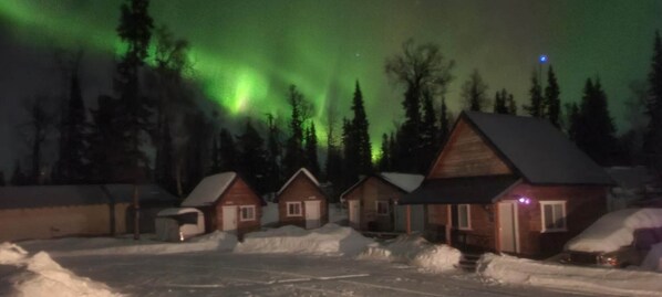 A row of cabins with snow-covered roofs, surrounded by trees, under a night sky with green aurora lights.