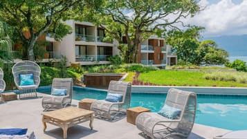 Outdoor pool, pool umbrellas, pool loungers