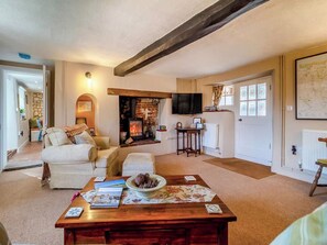 Smart TV, fireplace, DVD player, books