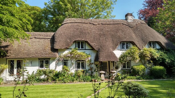 A traditional thatched-roof house with a well-maintained garden and a clear blue sky. - Thatched Eaves (Ringwood)