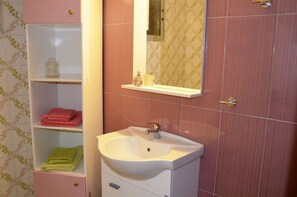 Hair dryer, towels, shampoo, toilet paper