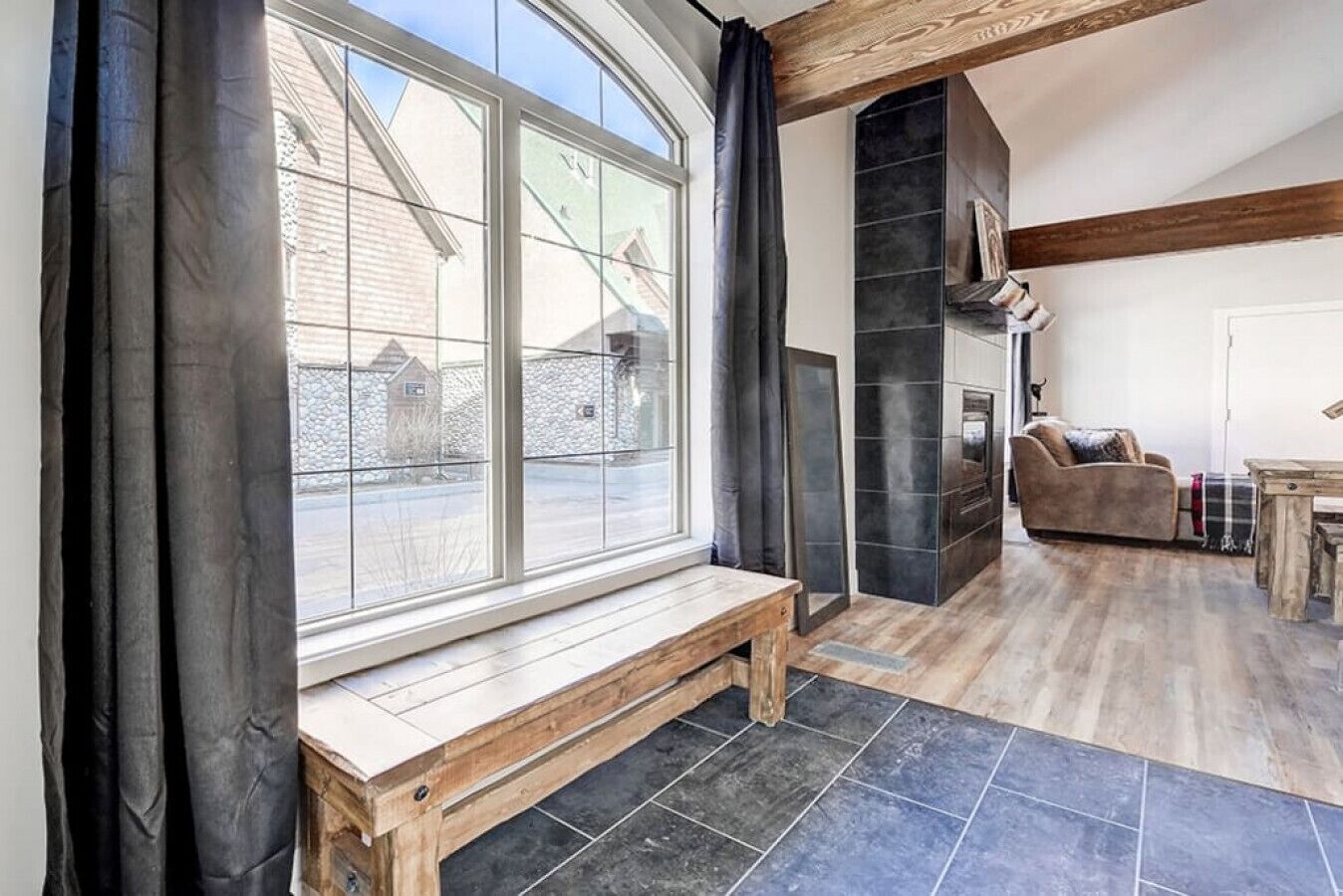 TV, fireplace, books, offices