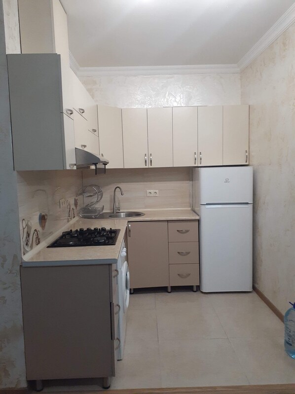 Fridge, microwave, stovetop, coffee/tea maker