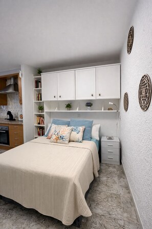 1 chambre, bureau, fer et planche à repasser, lit parapluie