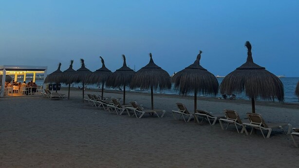 Une plage avec des parasols en chaume et des chaises longues, un espace bar et une vue sur la mer.