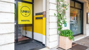 Ein Hostel Eingang mit einer gelb-weißen Fassade, einer Tür mit Fensterteil und einem Blumentopf auf der rechten Seite.
