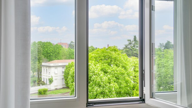 Ein Zimmer mit großem Fenster mit Blick auf einen grünen Baum und ein Gebäude.