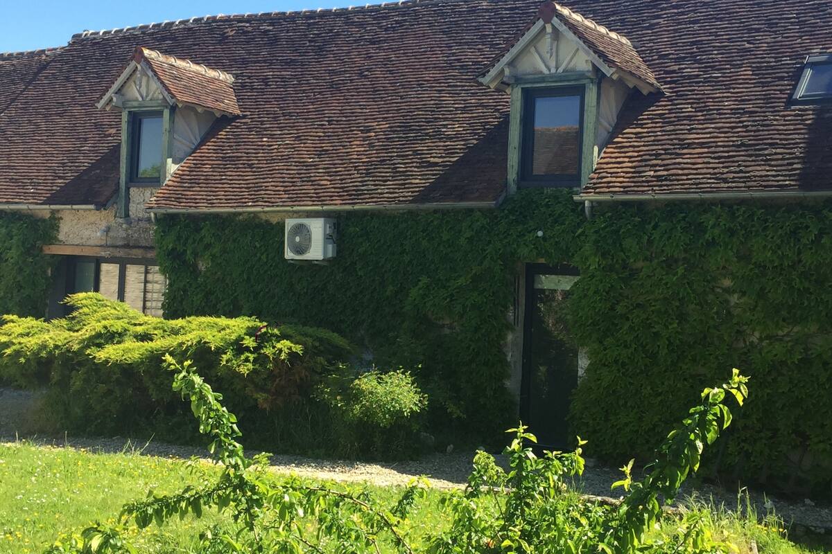 A building with a tiled roof, ivy-covered walls, and a small window.