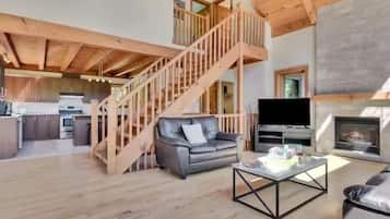 Smart TV, fireplace, video games, DVD player