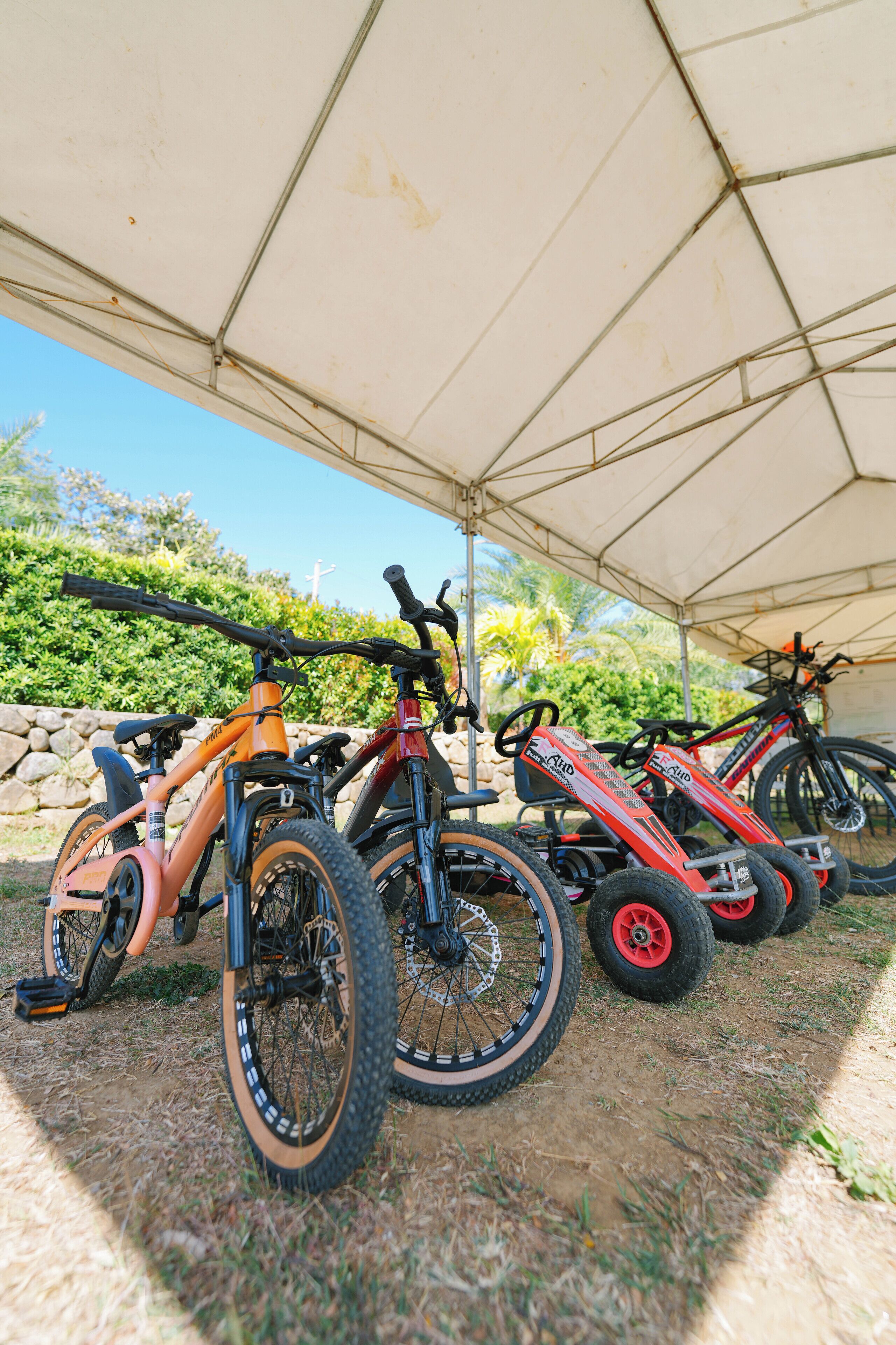 A row of bicycles parked under a tent.