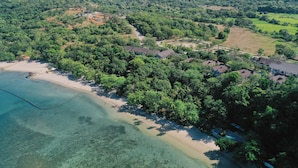 An aerial view of a coastal property with a beach, dense greenery, and multiple buildings. - La Jolla Beach Resort (Bagac)