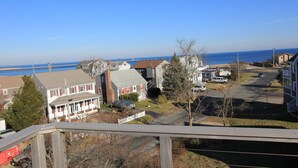A residential area with houses, a clear blue sky, and a view of the ocean.