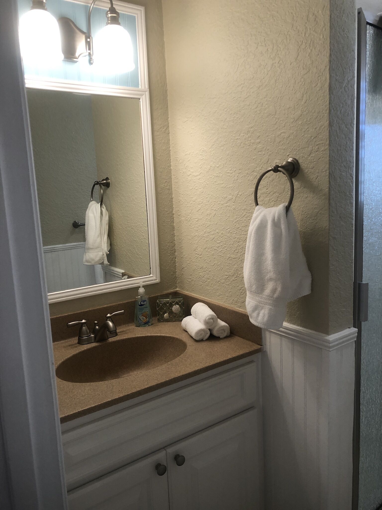 A bathroom with a sink, mirror, towel rack, and a bottle of hand soap.