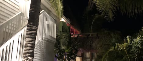 A gated entrance with a palm tree and a building with white walls and barred windows.