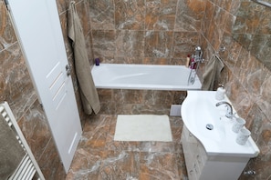 Hair dryer, towels, toilet paper