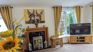 A living room with a fireplace, a television, and a window with curtains. - Cheviot Luxury Lodge (Morpeth)