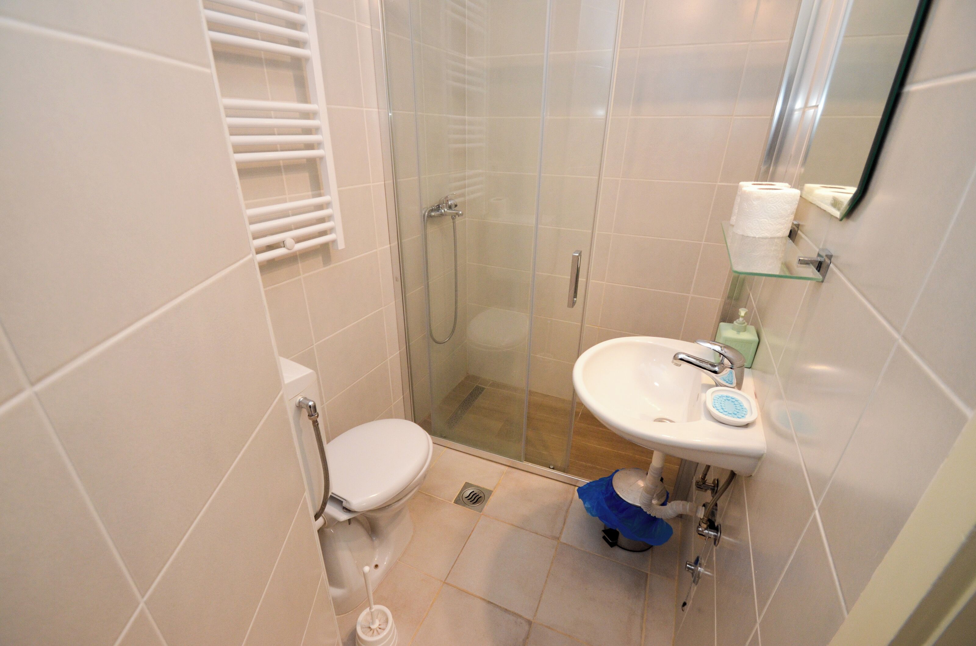 A bathroom with a toilet, a glass-enclosed shower, and a sink with a mirror.