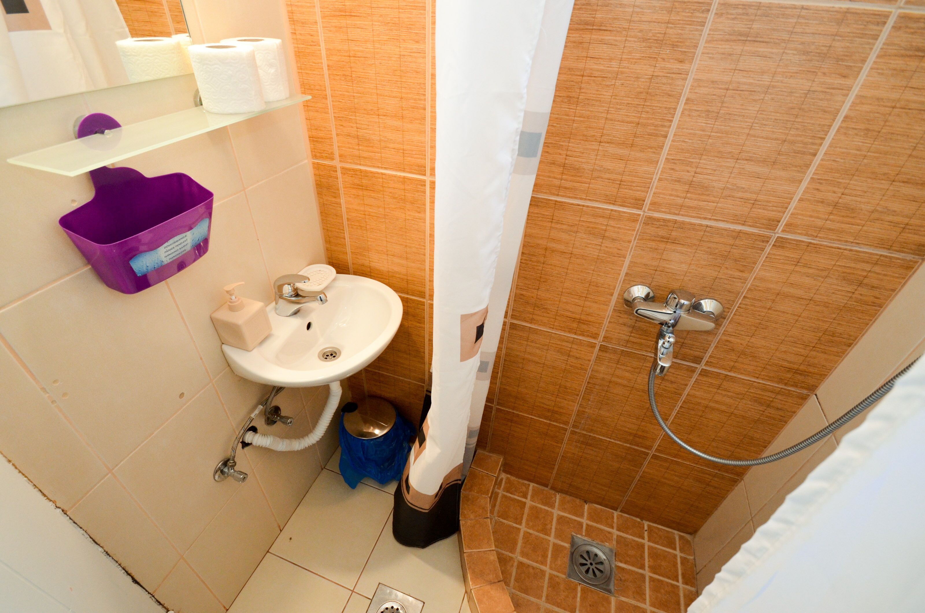 Un baño con lavamanos, inodoro y ducha.