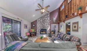 Smart TV, fireplace, books