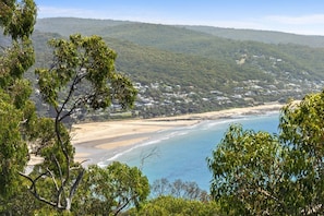 A coastal landscape with a beach, forested hills, and scattered buildings.