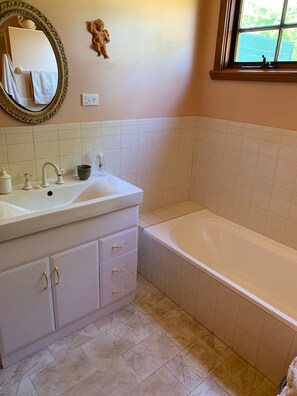 Hair dryer, towels, soap, toilet paper