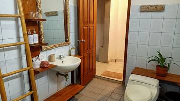 Une salle de bain avec un meuble-lavabo en bois, un évier, un miroir, des toilettes et une plante en pot.