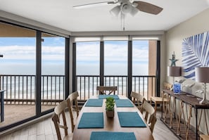 Enjoy a meal on the balcony overlooking the ocean with a view.