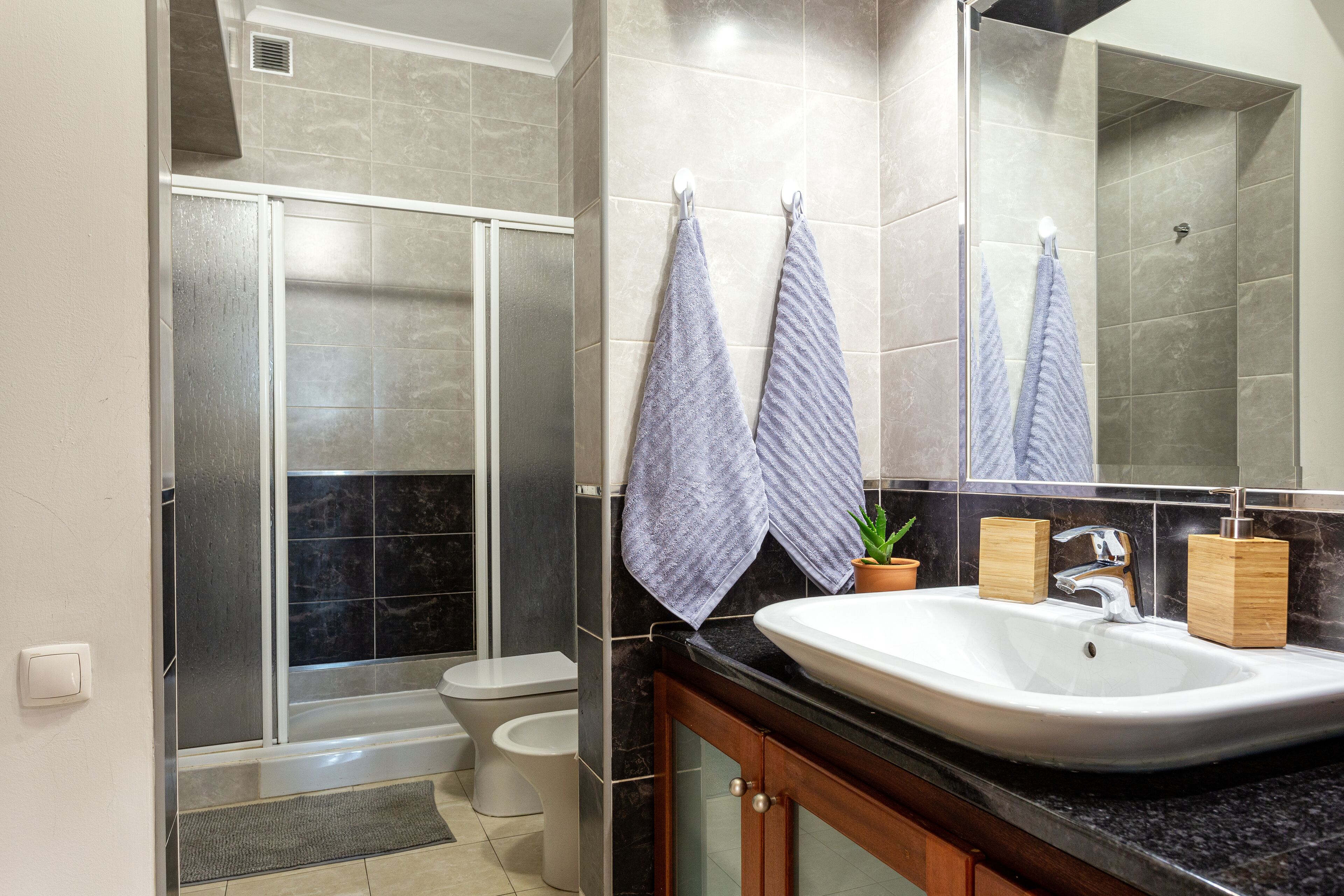 Hair dryer, slippers, towels, soap