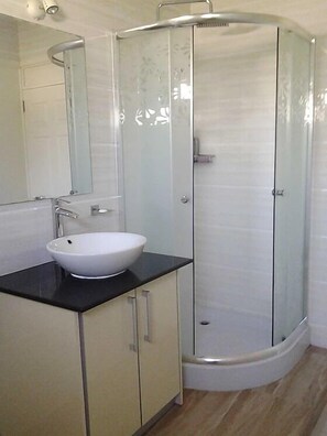 Shower, rainfall showerhead, hair dryer, towels