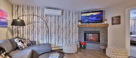 Télévision à écran plat, cheminée, Netflix, lecteur de DVD