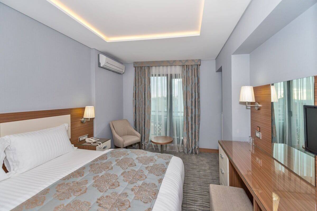 A hotel room with a bed, bedside table, lamp, chair, desk, TV, and a view of the outdoors.
