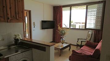 A compact living space with a washing machine, a flat-screen TV, a sofa, and a window with curtains.